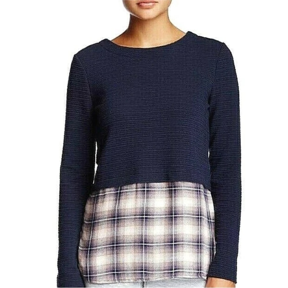 Romeo & Juliet Couture "Peek-A-Boo" Navy Textured Sweater with Plaid Panel